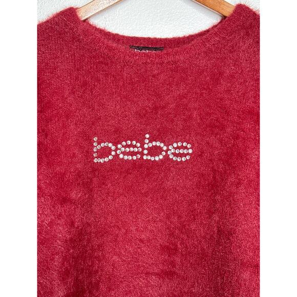 90s Y2K Bebe Fuzzy Sweater M Burgundy Rhinestone Spell-out Going Out Top - Picture 5 of 14